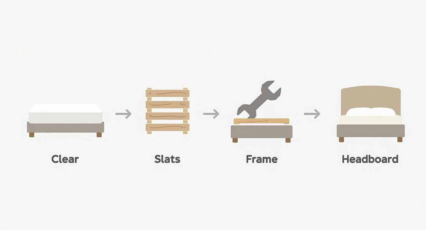 Step-by-step diagram showing bed disassembly process from complete bed to slats, frame, and headboard components