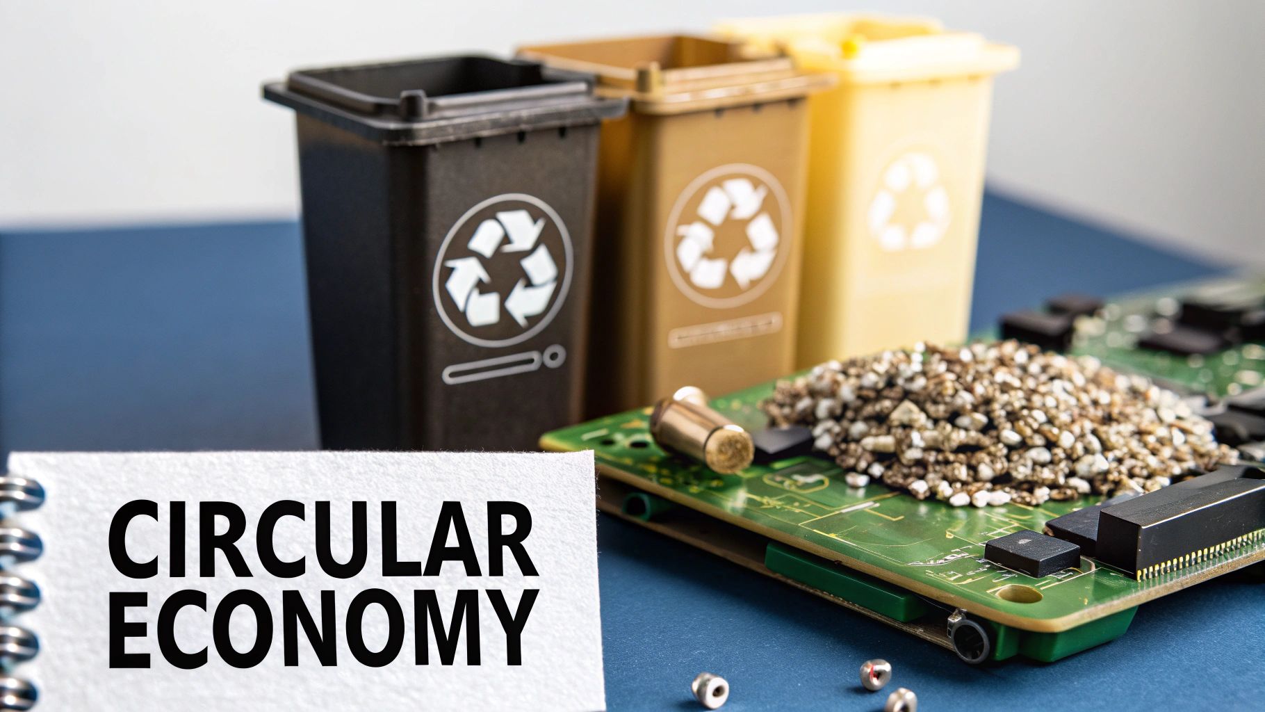 Miniature recycling bins, a circuit board with electronic waste, and 'Circular Economy' text, symbolizing e-waste recycling.
