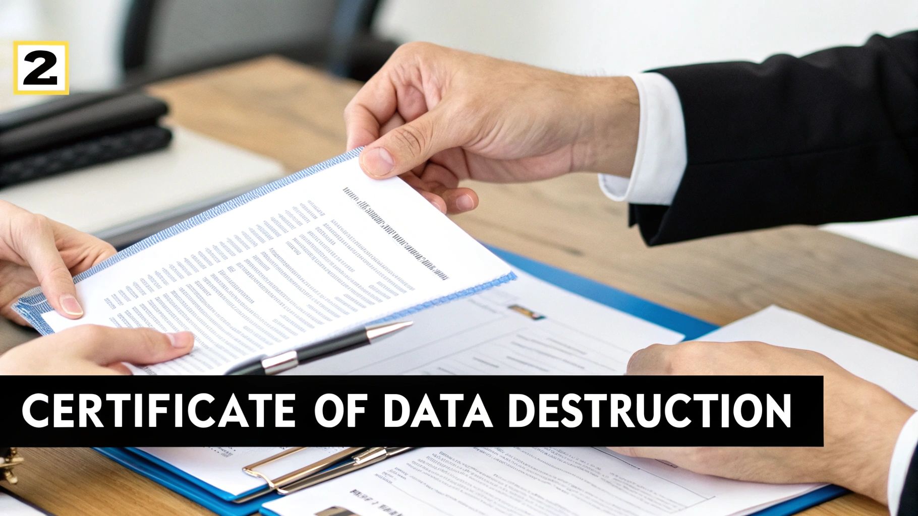 Close-up of two people exchanging a 'Certificate of Data Destruction' document on a wooden table.