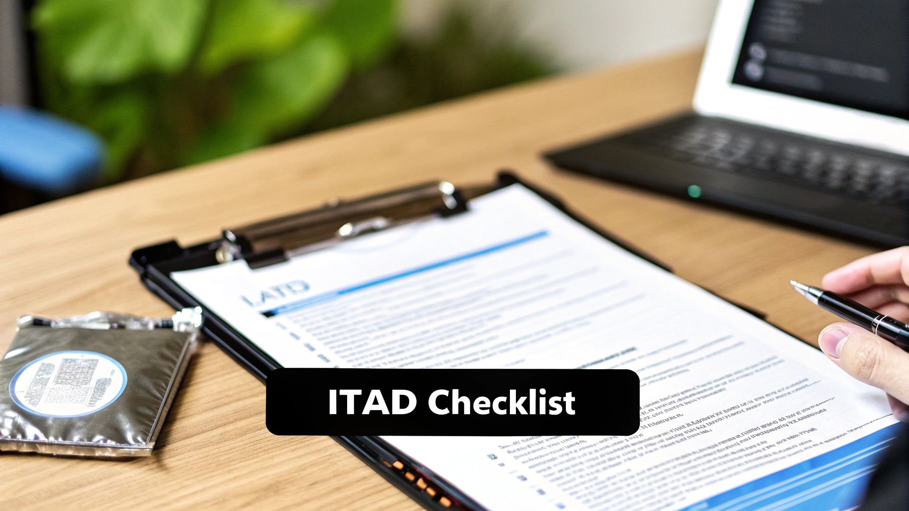 A person reviews an 'ITAD Checklist' document on a clipboard with a pen, next to a laptop.