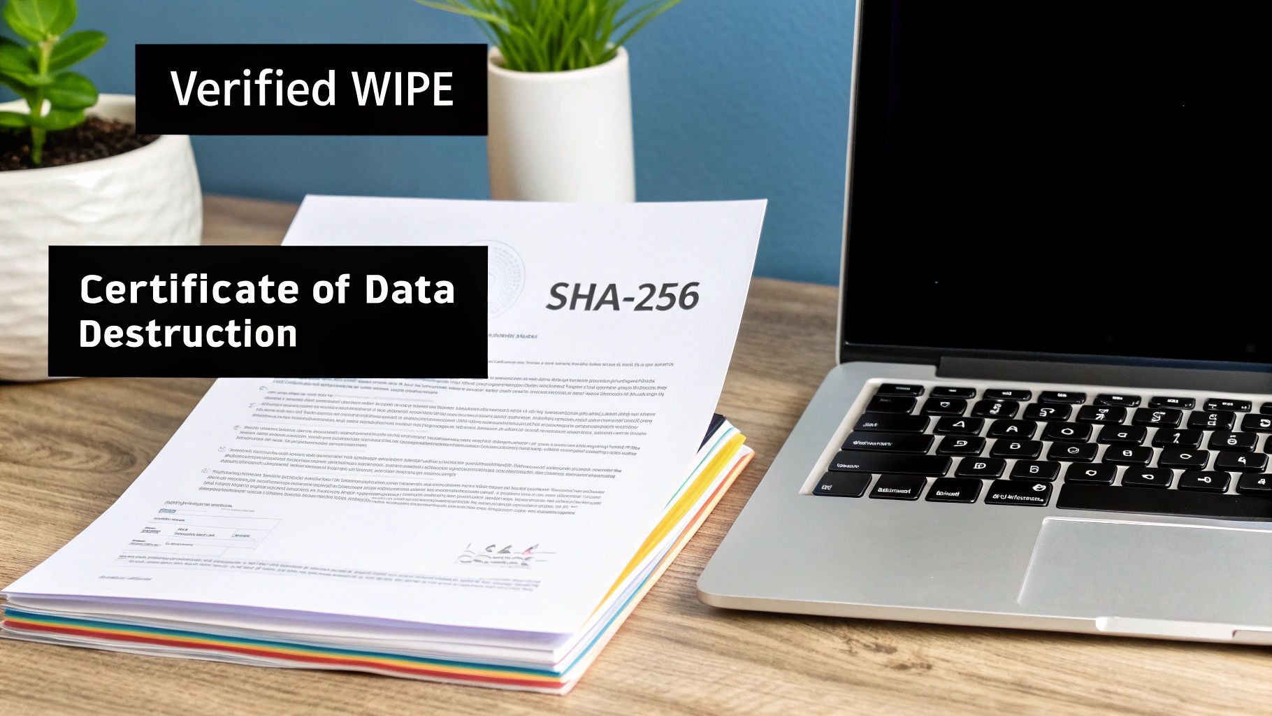 A laptop on a wooden desk next to a stack of documents titled 'Certificate of Data Destruction' and 'SHA-256'.