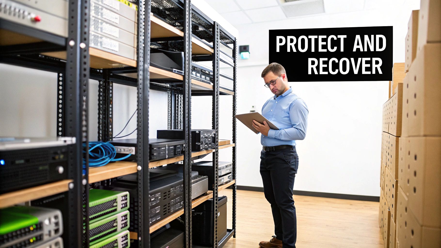 Man in a server room inspecting racks of IT equipment, with 'PROTECT AND RECOVER' overlay.