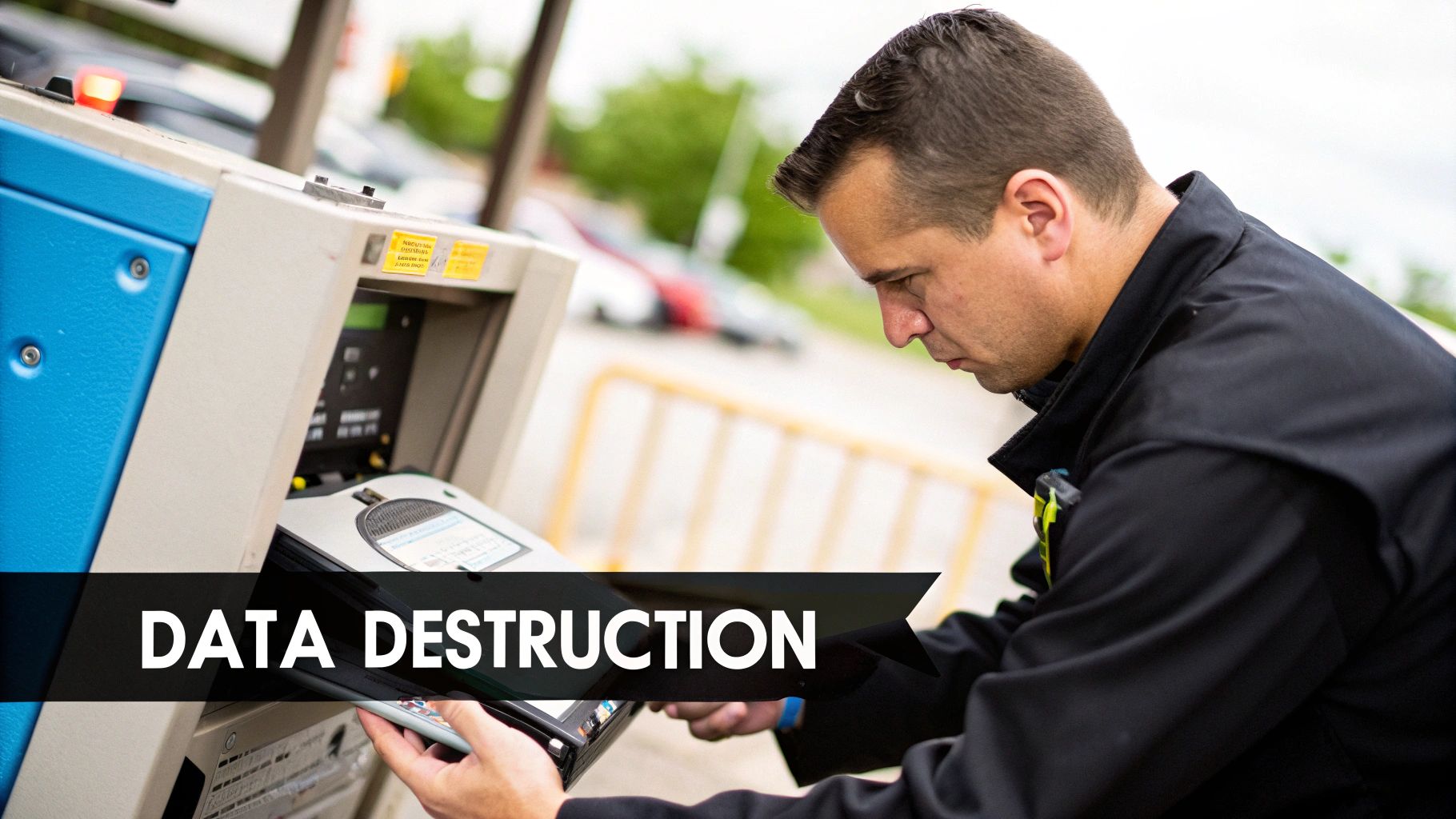 A man destroying a hard drive in a data destruction machine, ensuring secure e-waste disposal.