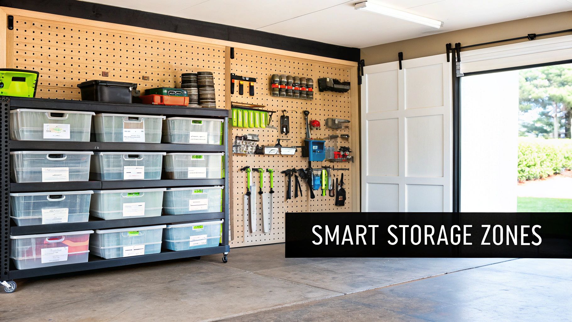 A clean, functional garage with smart storage solutions like shelving and labeled bins.