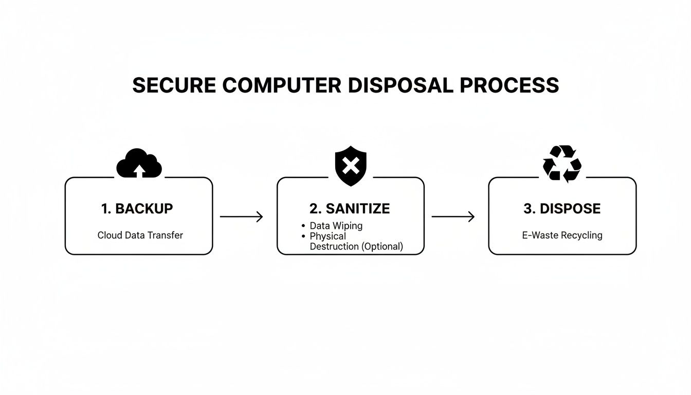 Infographic illustrating a secure computer disposal process: backup, data sanitization, and e-waste recycling.