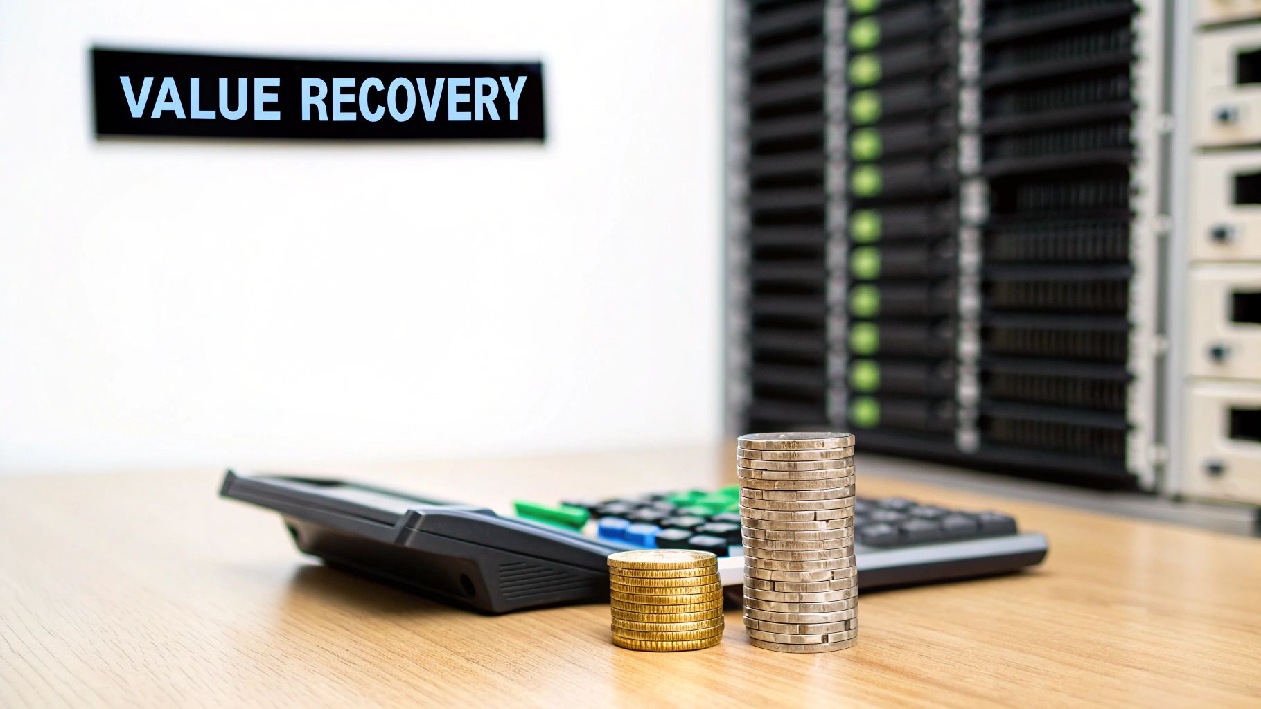 A calculator and stacked coins on a wooden desk, with a 'VALUE RECOVERY' sign and server racks in the background.