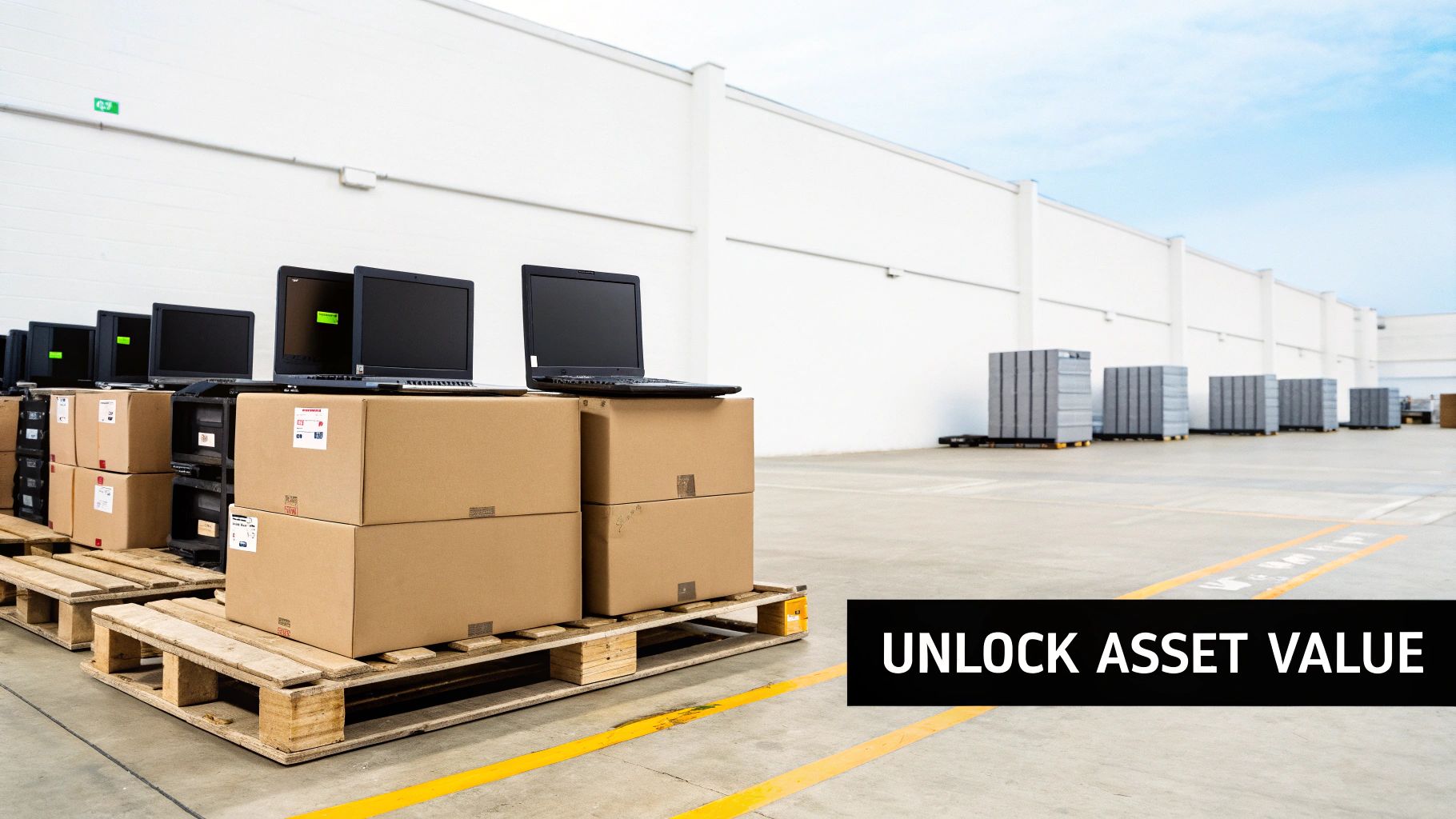 Laptops on cardboard boxes and wooden pallets in a warehouse yard, ready for IT asset disposition.