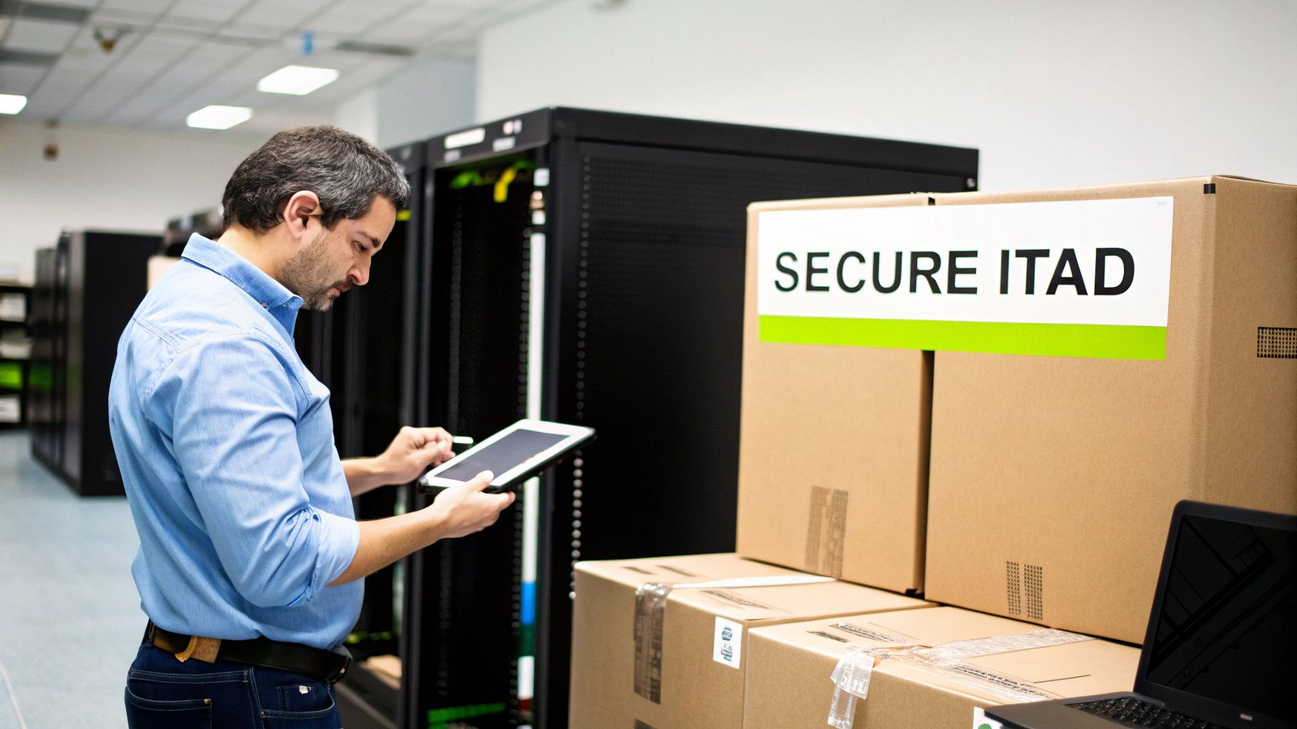A man using a tablet to inspect IT equipment in a server room with "SECURE ITAD" boxes.