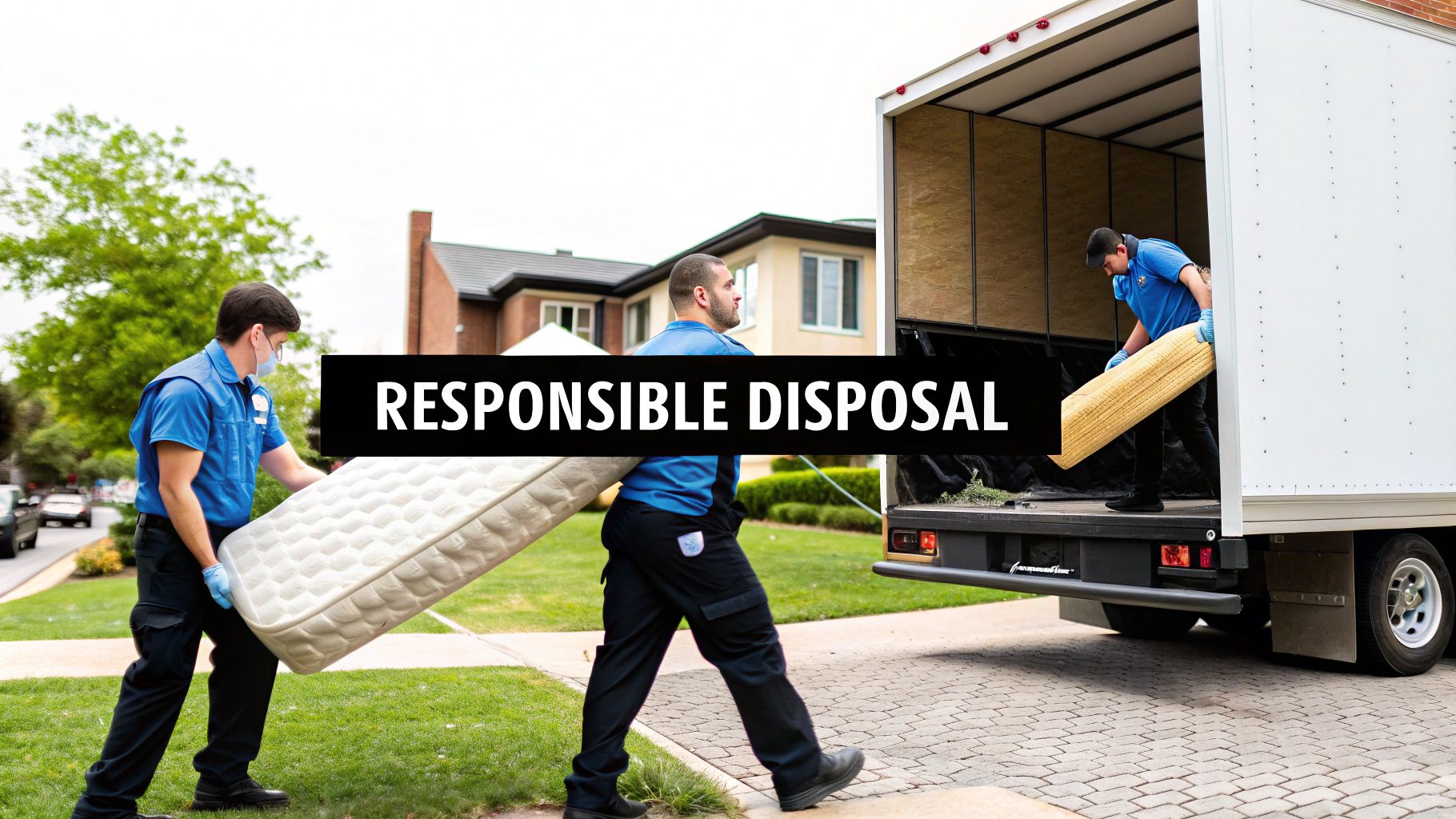 A professional junk removal team carrying a mattress out of a home