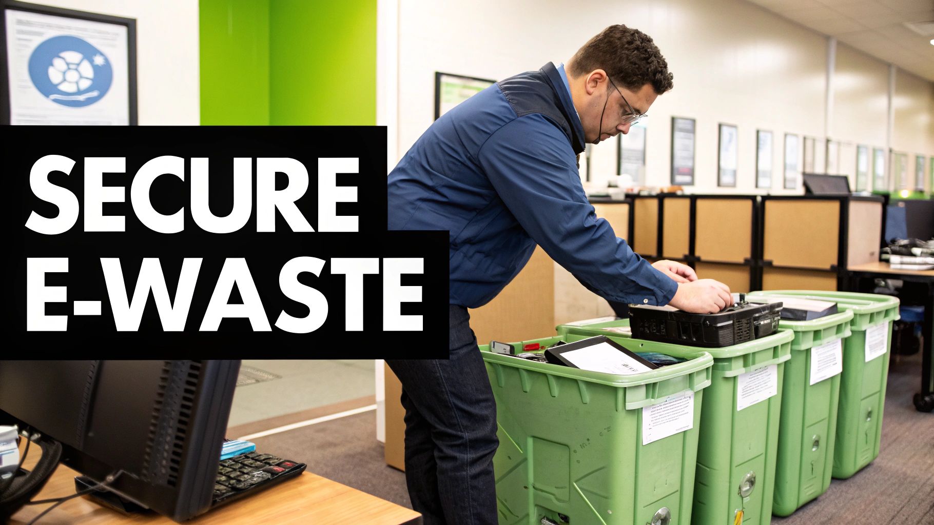 A man in an office securely disposes of electronic waste into green recycling bins.