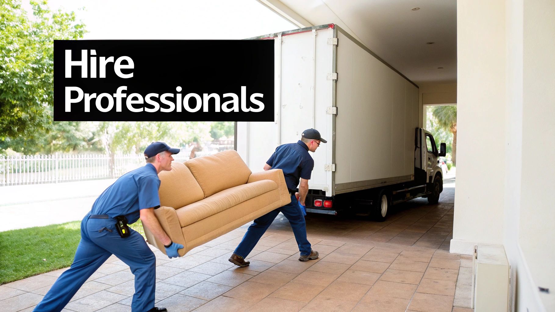 Two professional movers in blue uniforms carefully carry a beige couch towards a white moving truck, emphasizing professional service.