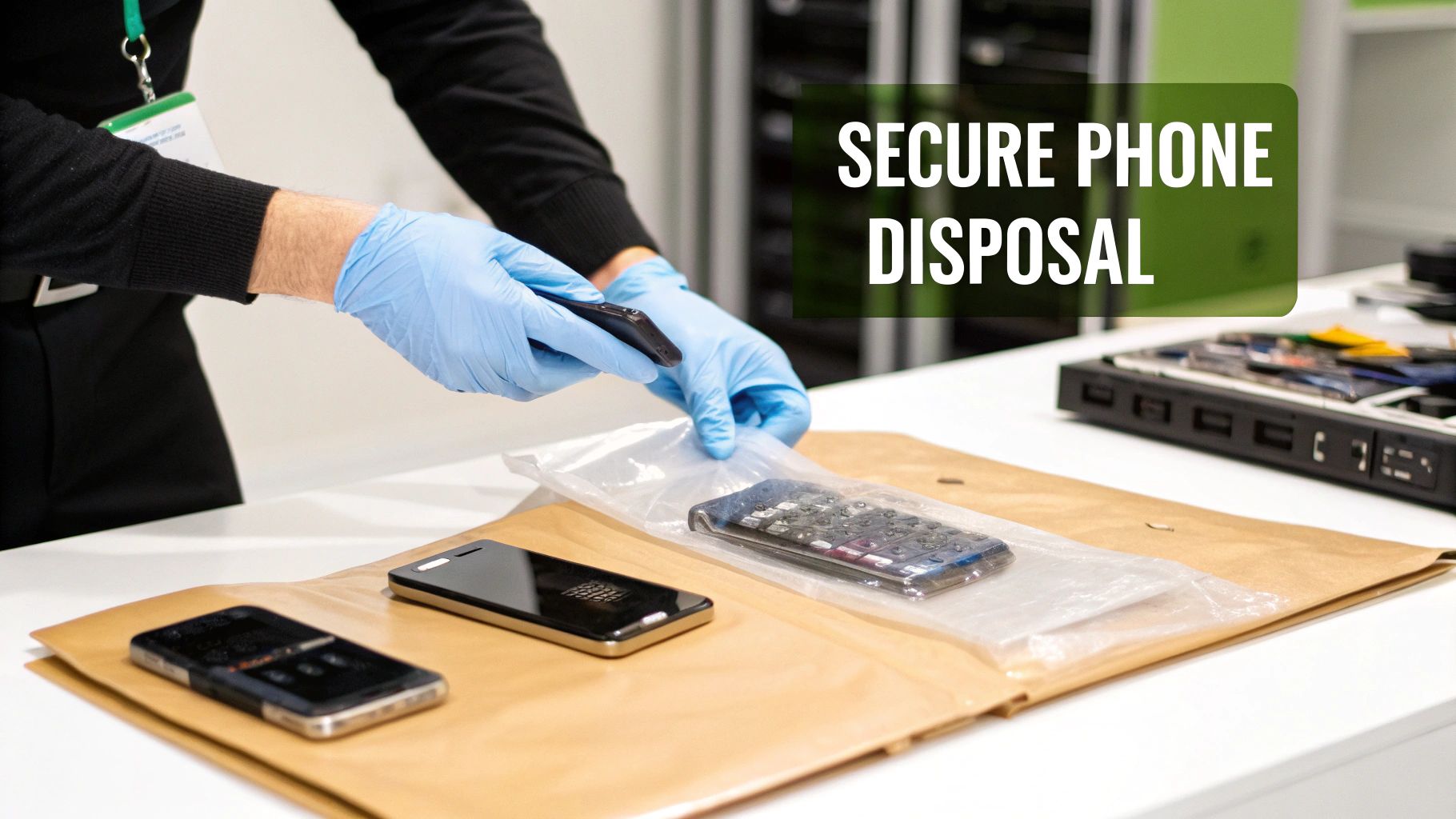 Gloved hands securely processing old cell phones, preparing them for disposal or data wiping.