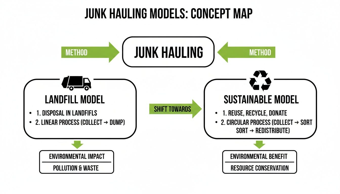Concept map comparing landfill and sustainable junk hauling models, detailing processes and environmental outcomes.