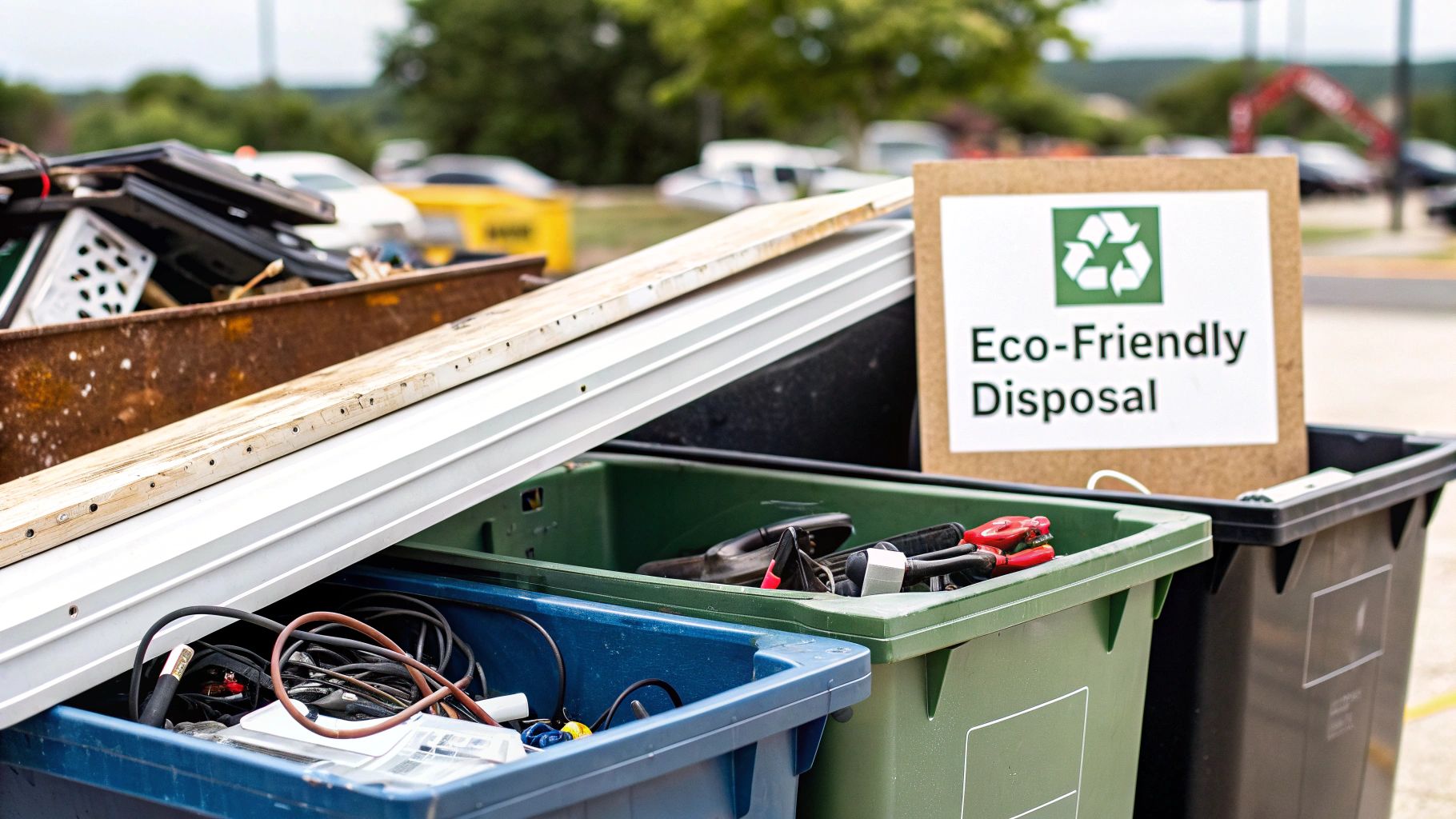 An organized pile of sorted construction debris, including wood, metal, and concrete, ready for eco-friendly removal.