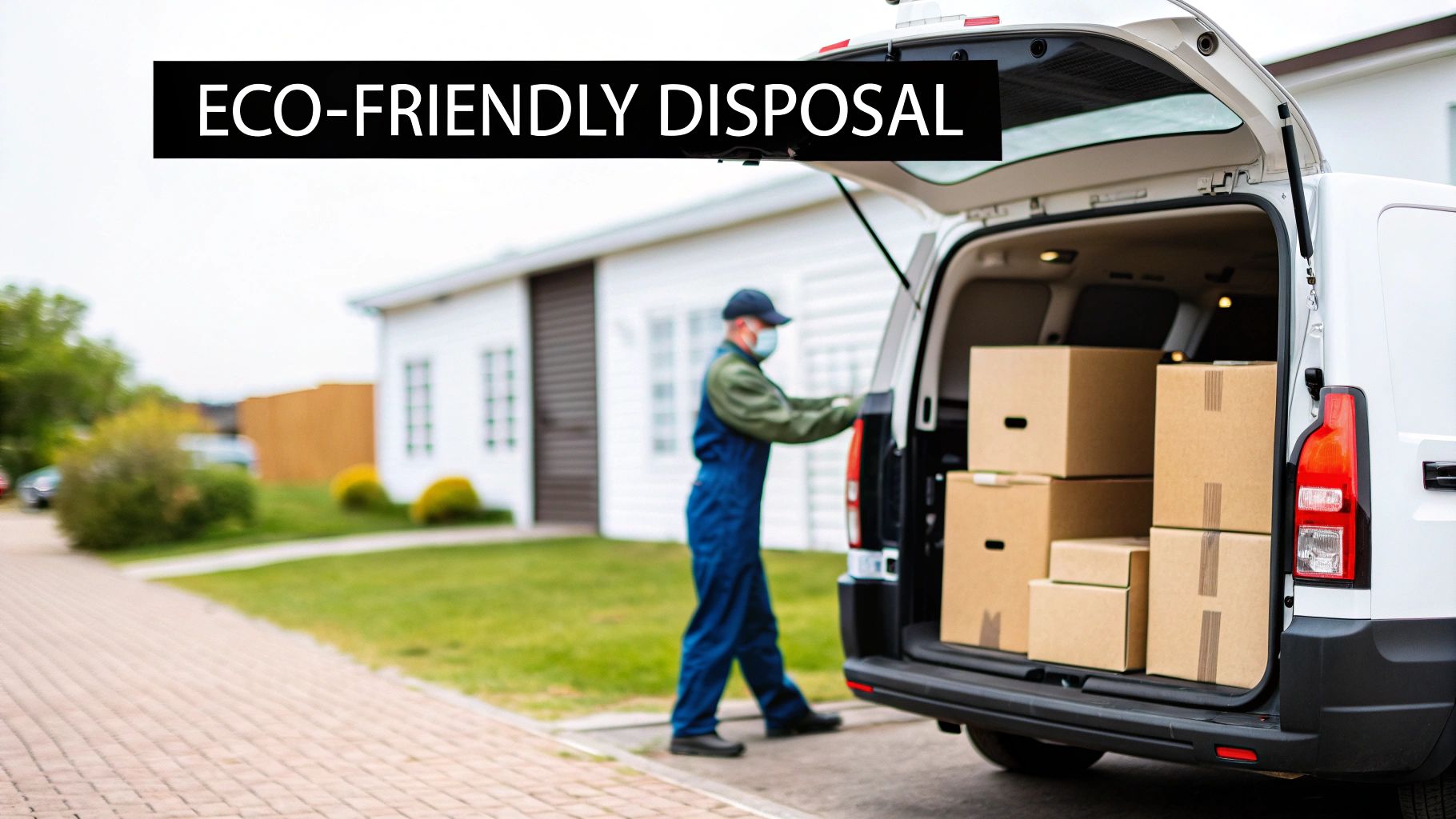A person in a mask loads cardboard boxes into an open white delivery van for eco-friendly disposal.