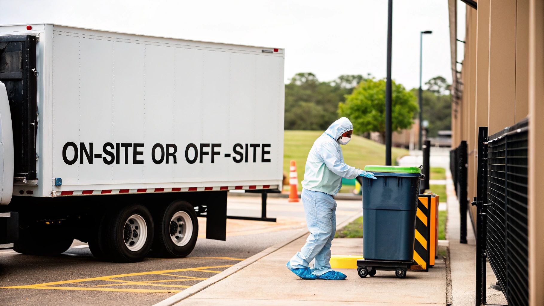 Person in protective suit pushes a waste bin near a truck advertising 'ON-SITE OR OFF-SITE' service.