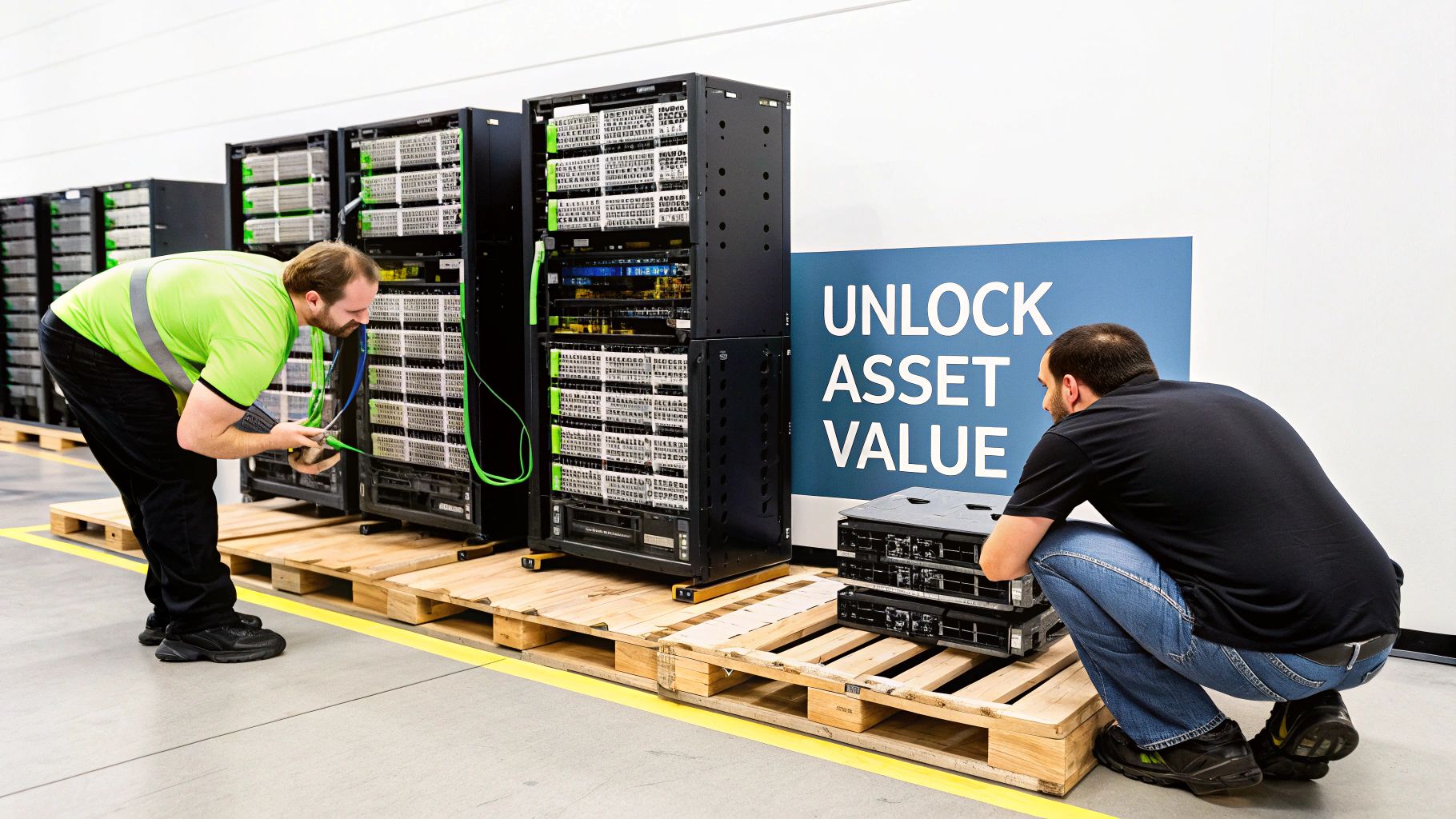 Two technicians working on data center equipment, with servers and networking hardware in the background, and a sign reading "UNLOCK ASSET VALUE," emphasizing IT asset recovery and recycling in Georgia.