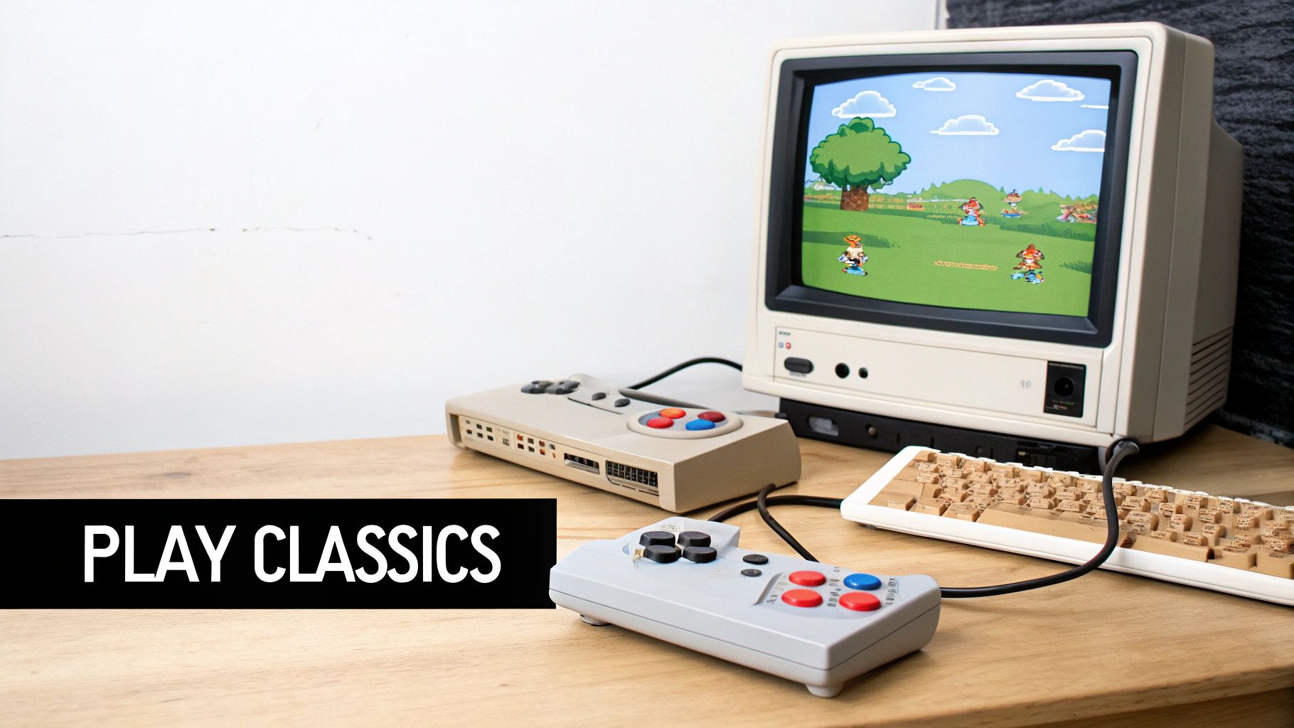 Retro gaming setup with vintage computer monitor displaying classic video game and controllers