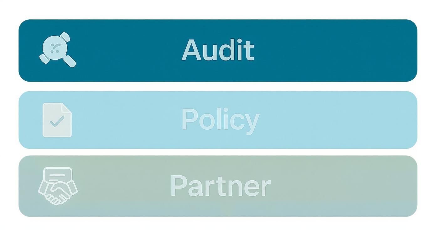 Three horizontal banners showing audit, policy, and partner icons for electronic recycling services