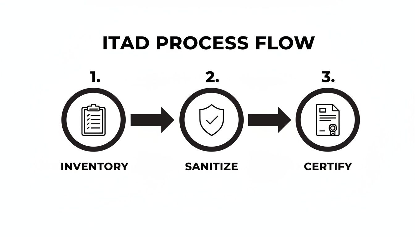 A clear ITAD process flow diagram illustrating inventory, sanitize, and certify steps with icons.