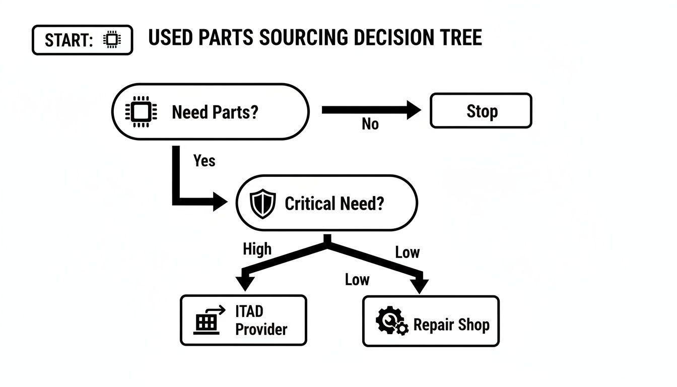 A decision tree flowchart titled 'Used Parts Sourcing Decision Tree' guiding choices for parts.