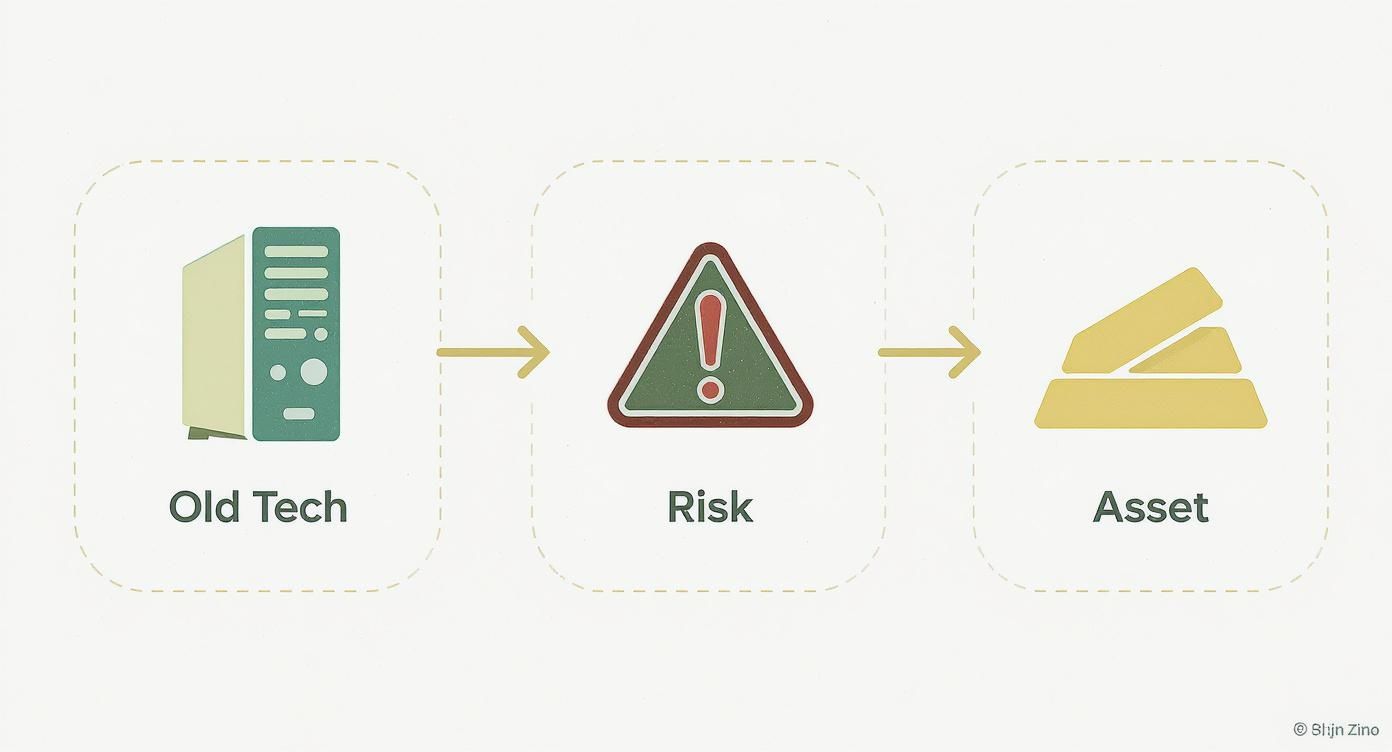 Flow diagram showing old technology devices leading to risk warning then converting to valuable assets