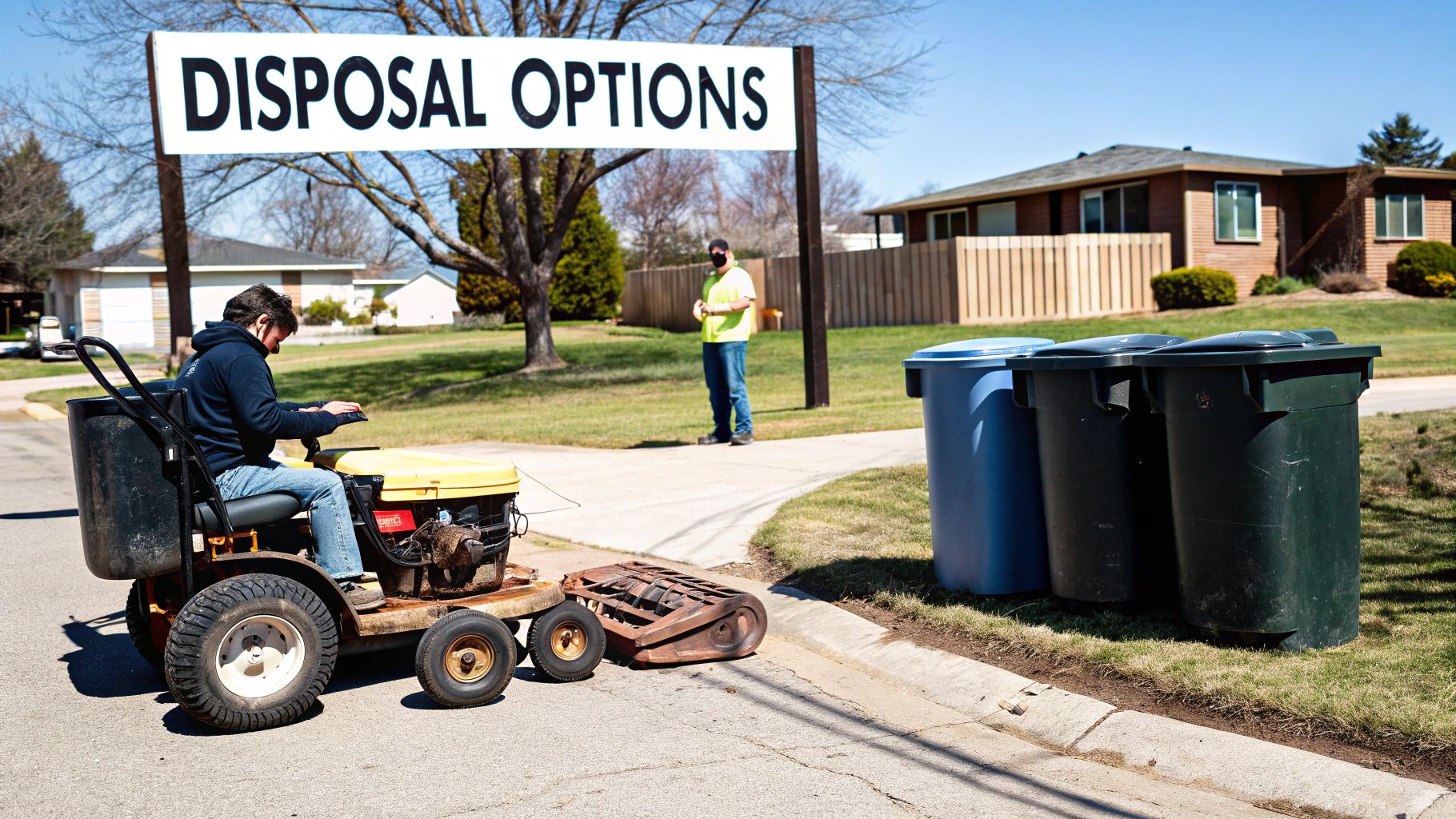 Man on riding lawn mower near disposal options sign with three waste bins in residential area