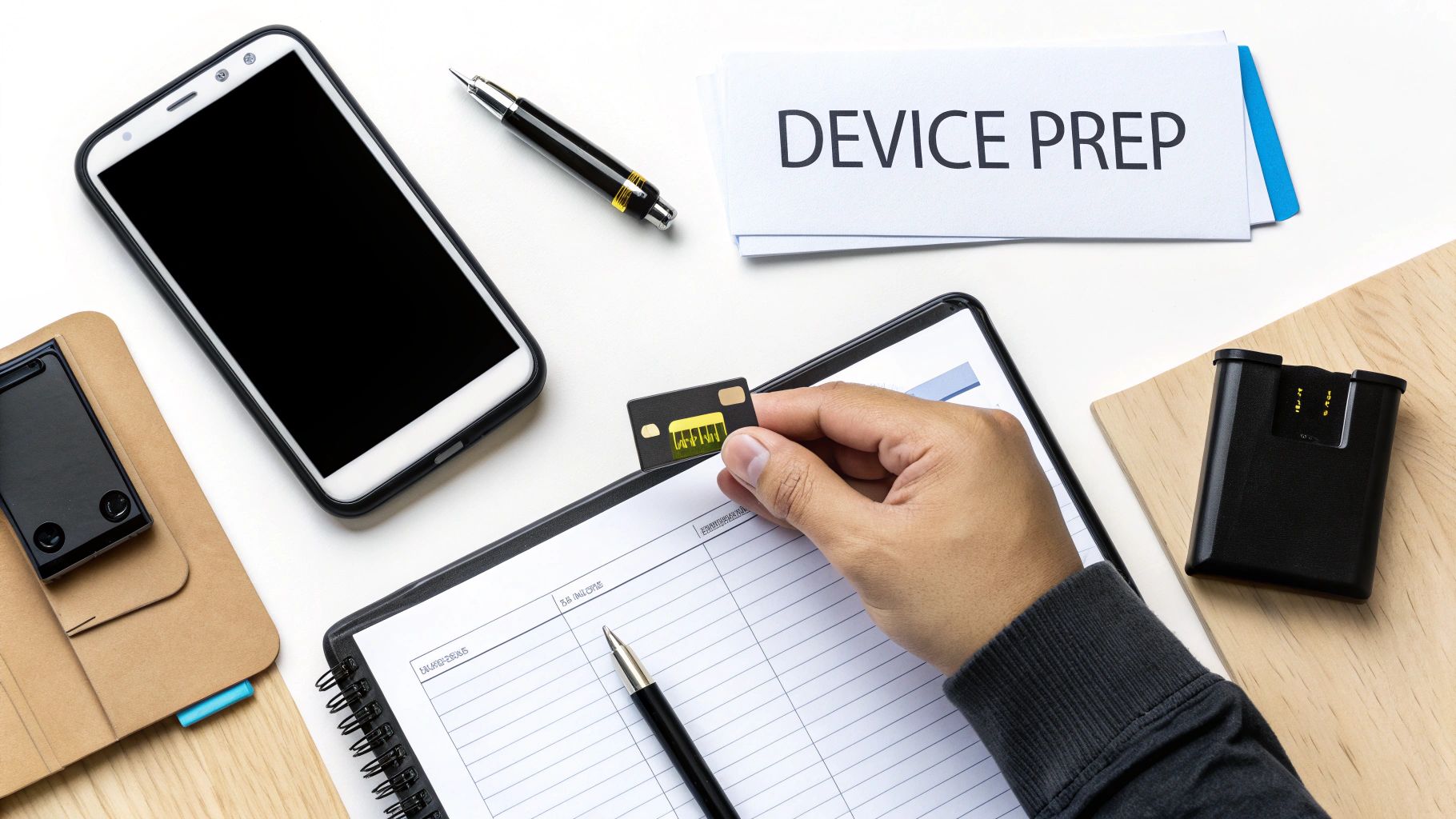 A person's hand inserts a SIM card into a planner, surrounded by a smartphone and papers saying "DEVICE PREP".