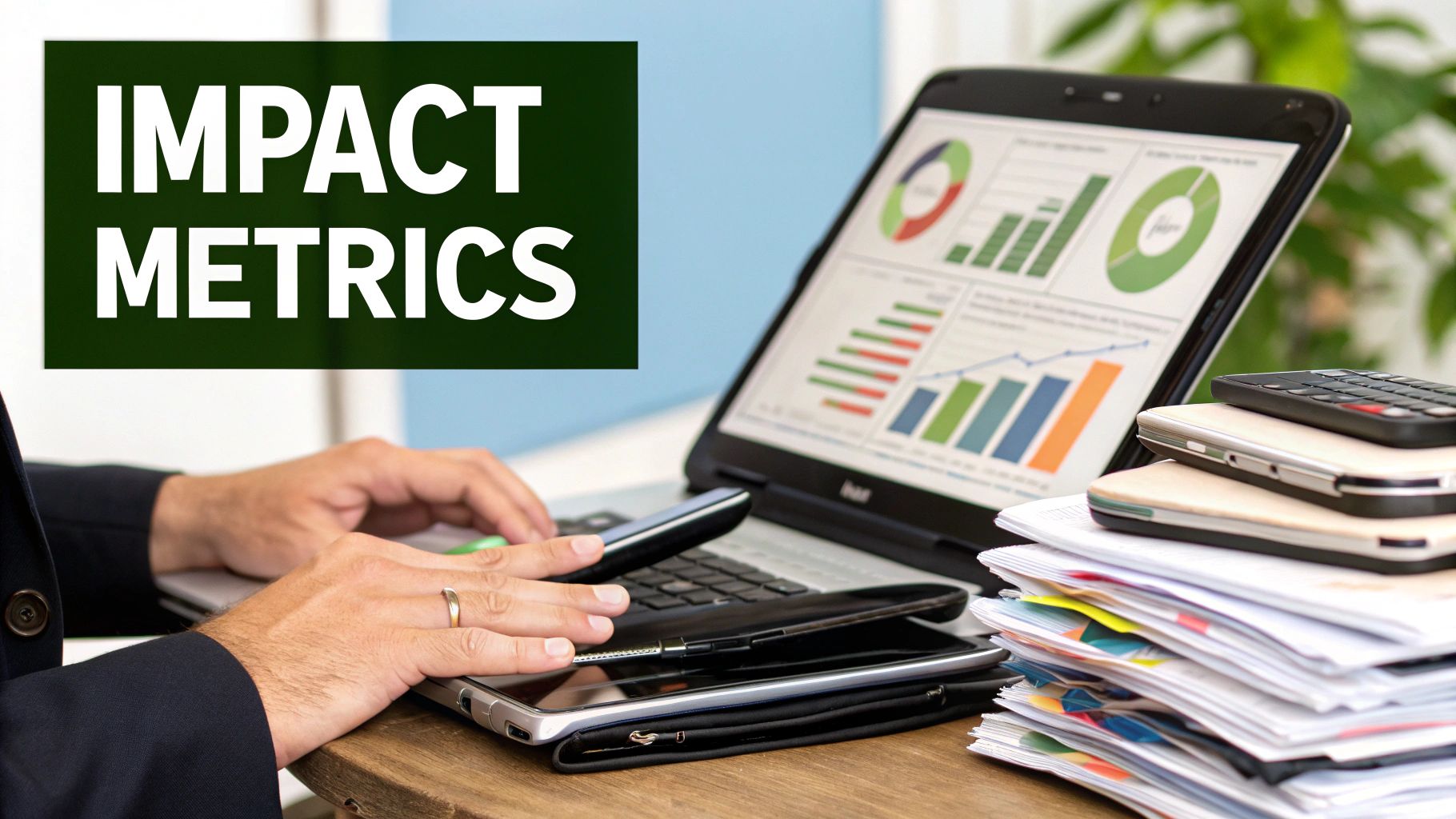 A person holding a smartphone, with charts and graphs in the background representing data and impact measurement.