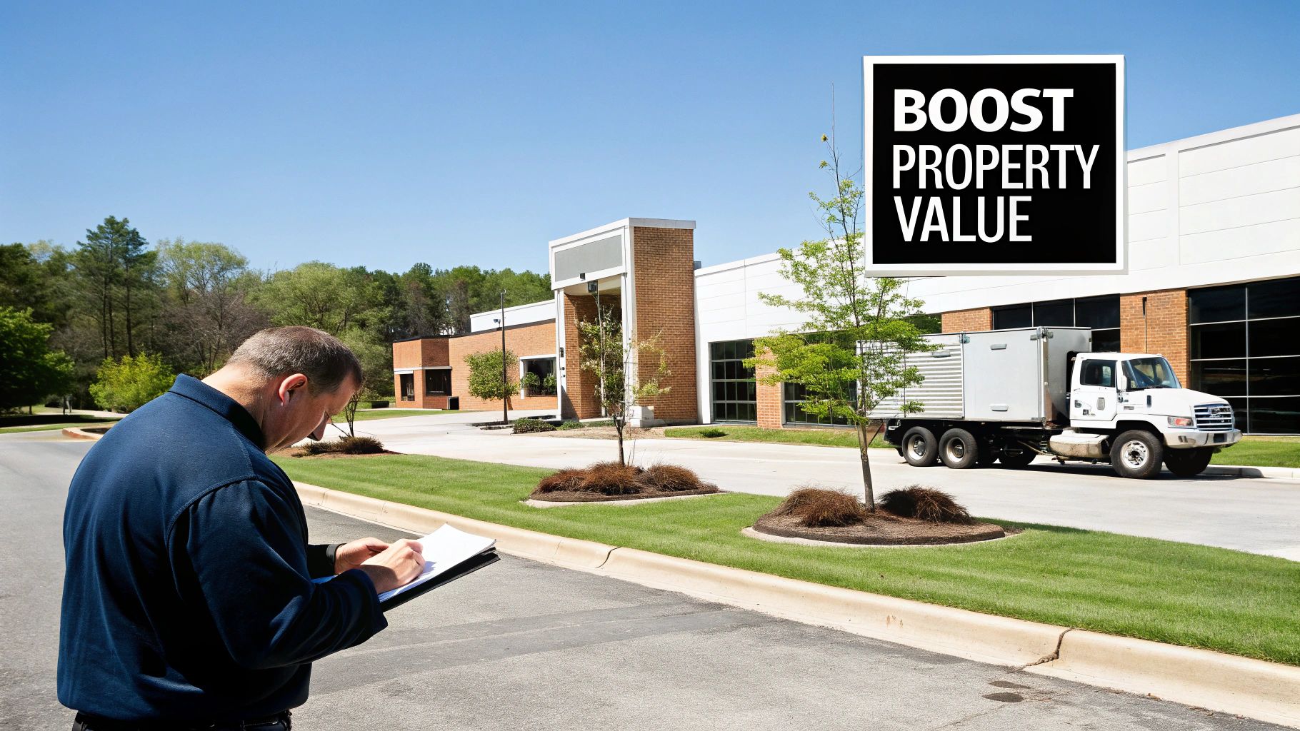 A man inspects a commercial property, writing on a clipboard, with a truck and "BOOST PROPERTY VALUE" overlay.