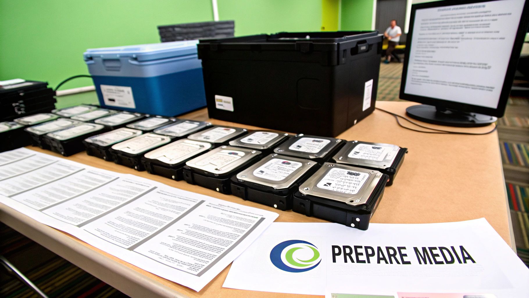 A person's hands cataloging several hard drives on a desk.