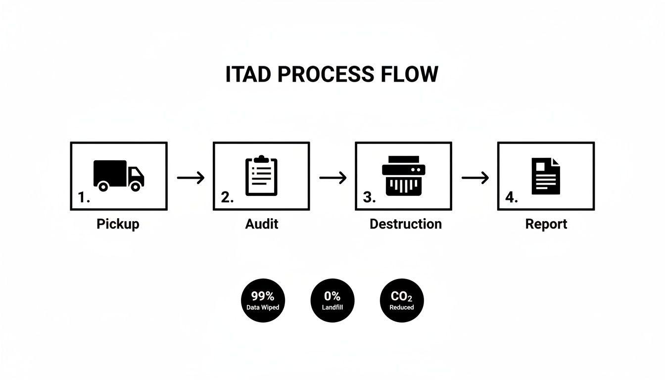 A diagram illustrating the ITAD process flow: pickup, audit, destruction, and report, highlighting benefits like 99% data wiped, 0% landfill, and CO2 reduced.