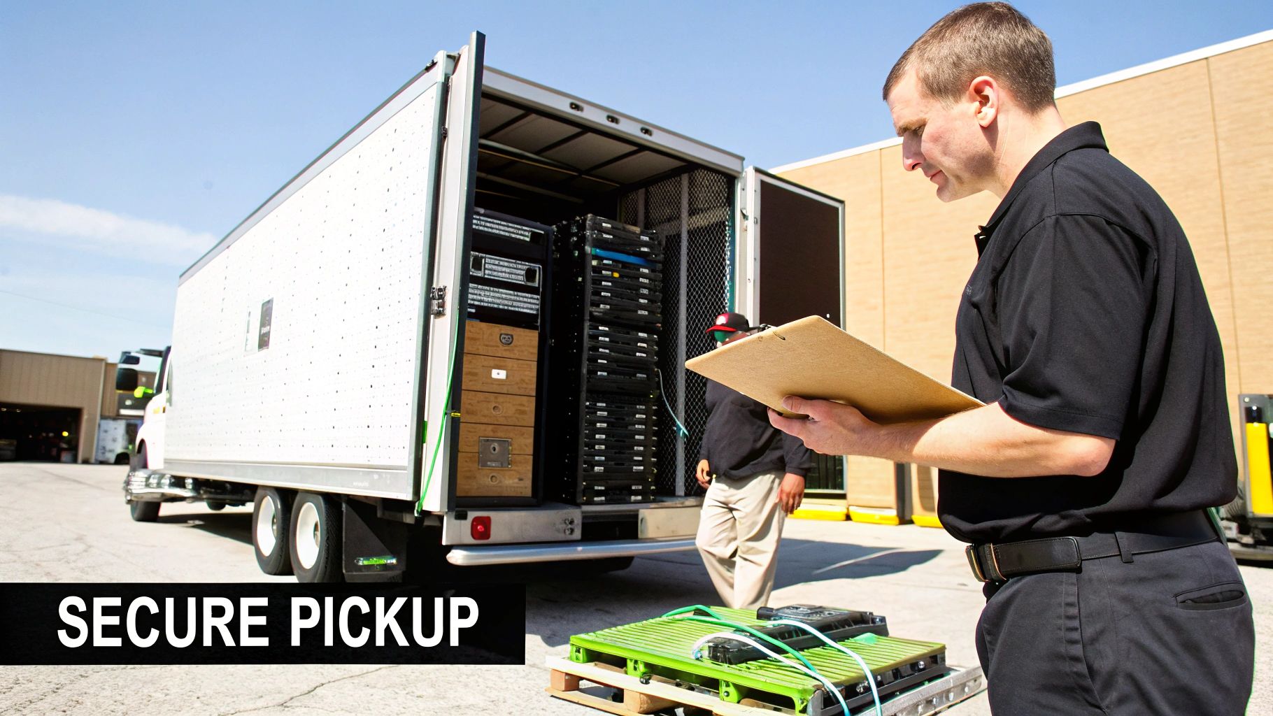 A man with a clipboard oversees the secure pickup of electronic waste and server equipment from a truck.