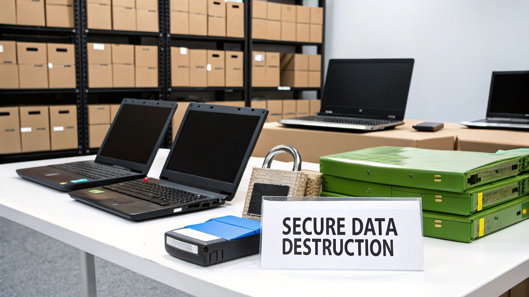 Table with laptops, hard drive, a padlock, and a 'Secure Data Destruction' sign in a data center.