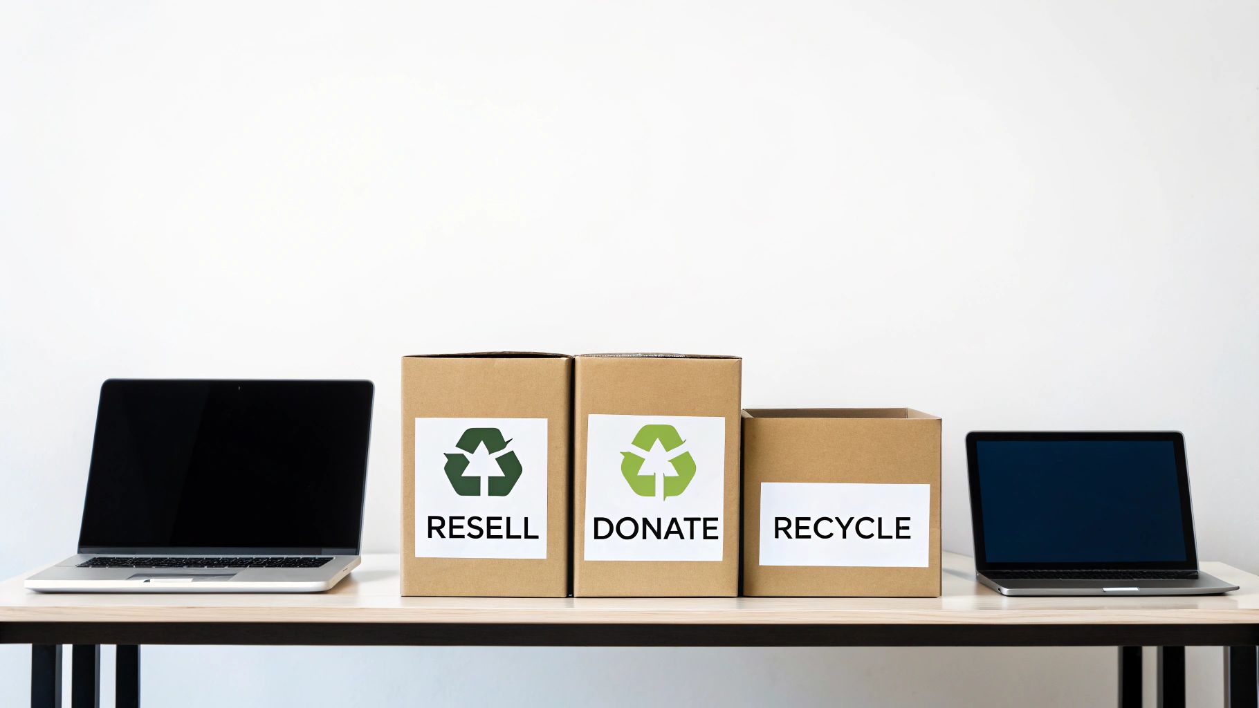 Laptops on a desk next to cardboard boxes labeled RESELL, DONATE, and RECYCLE.