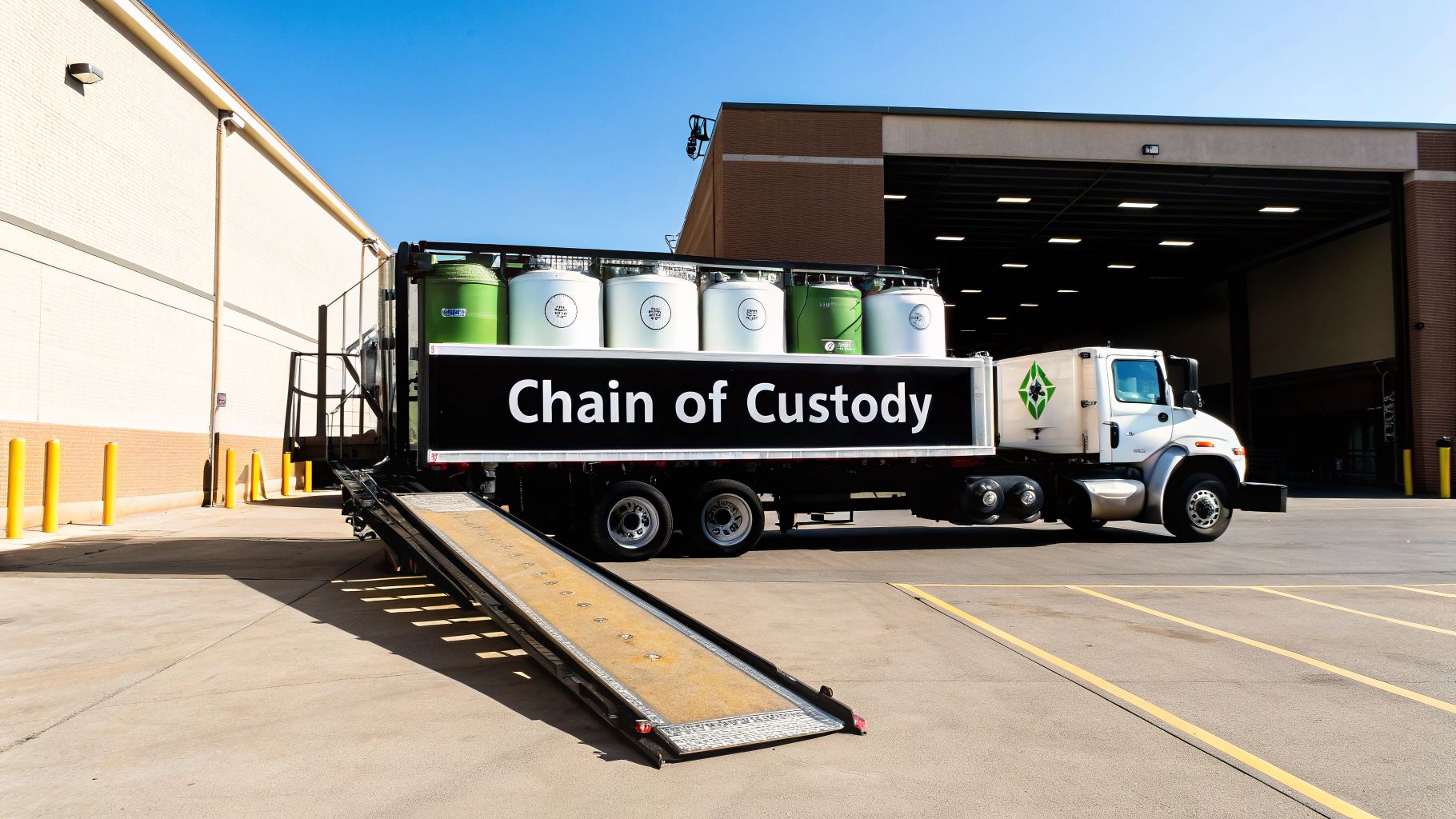 A secure truck for transporting electronic waste, featuring GPS tracking symbols.