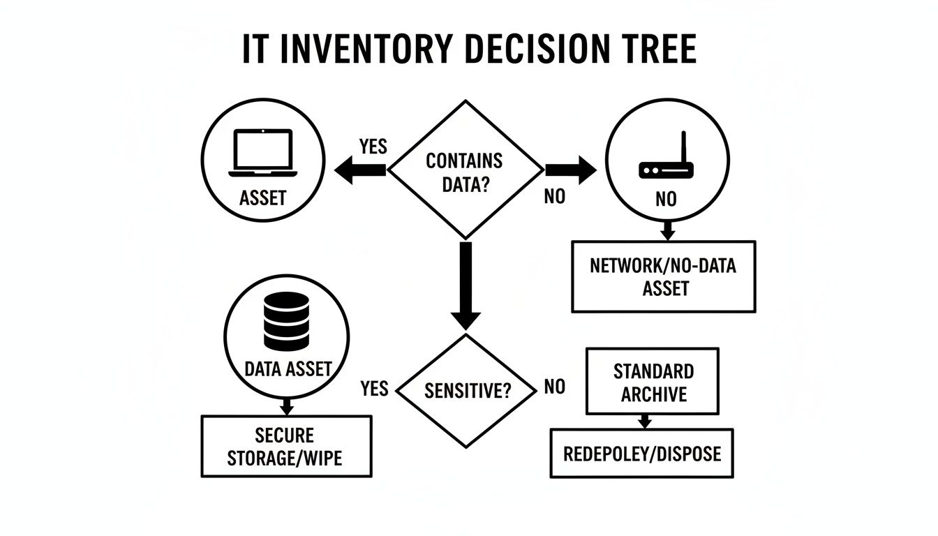 An IT inventory decision tree flowchart guides asset management based on data and sensitivity.