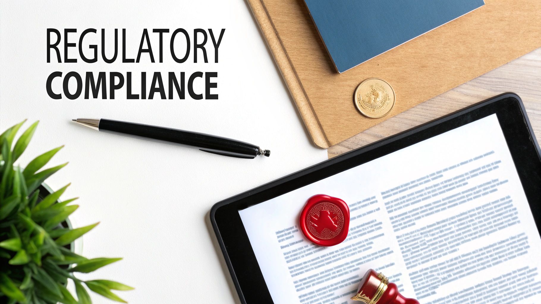 White desk with 'REGULATORY COMPLIANCE' text, pen, plant, documents, and tablet with wax seal.