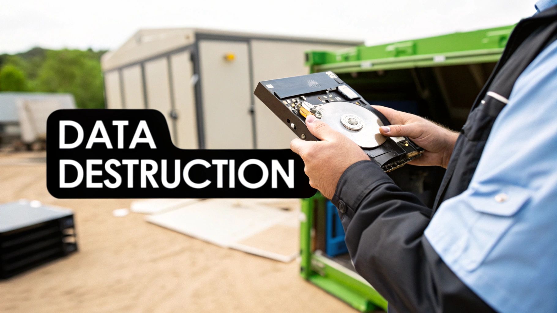 A person in a uniform holds an open hard drive, with "DATA DESTRUCTION" text overlayed, symbolizing secure data disposal.