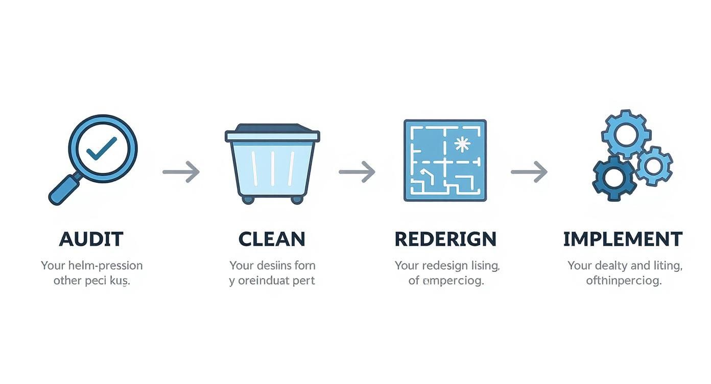 Four-step process diagram with icons: audit (magnifying glass), clean (trash bin), redesign (blueprint), and implement (gears).