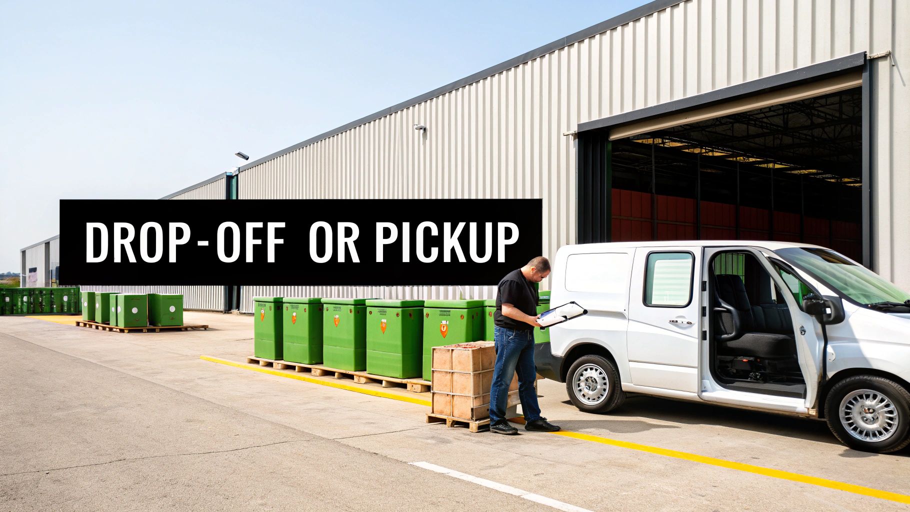 A business owner reviewing recycling logistics on a tablet in a clean warehouse.