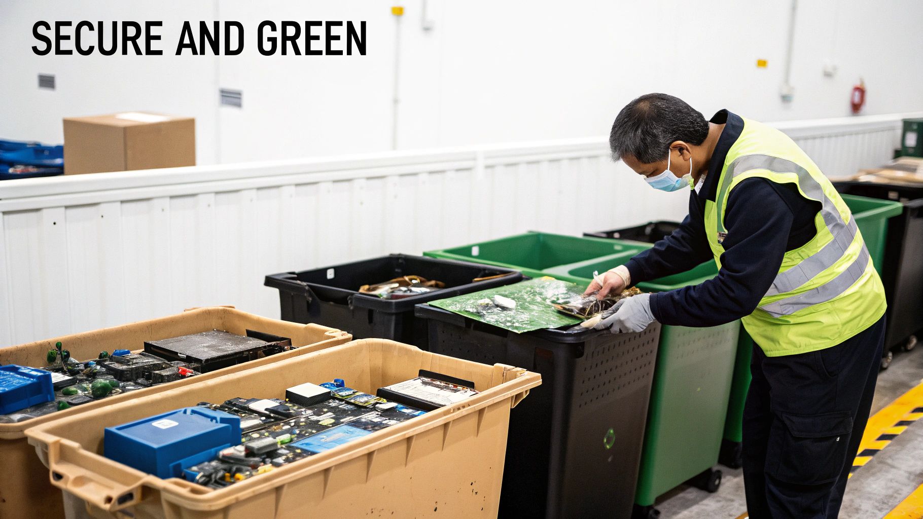 A worker in a face mask and safety vest sorts electronic waste for recycling.