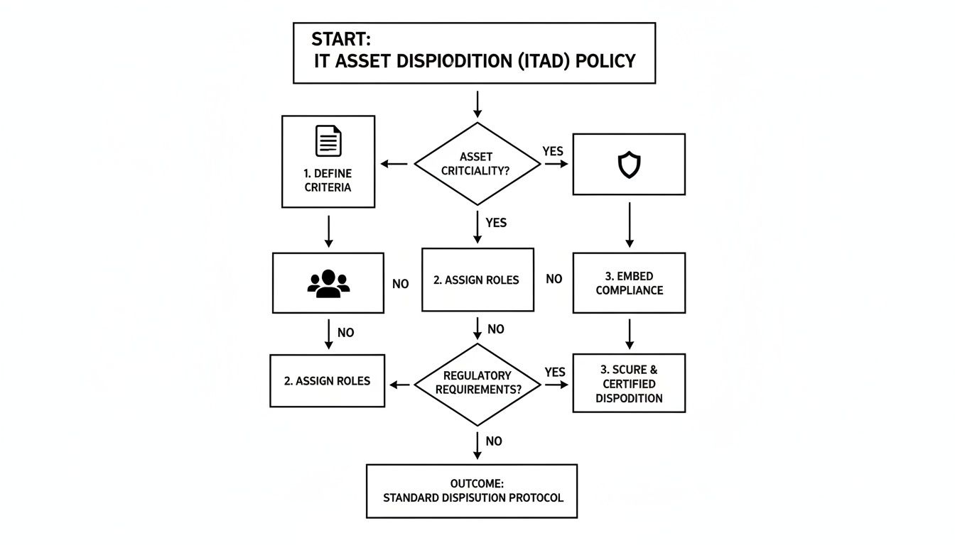 A flowchart outlines the IT asset disposition (ITAD) policy steps, from start to standard protocol.