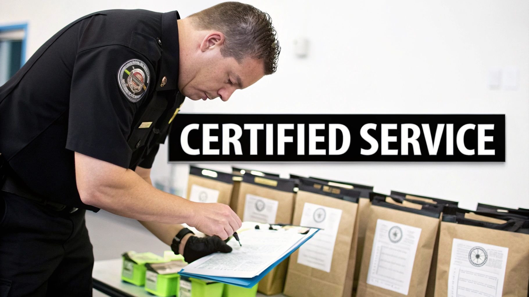 A uniformed officer in black gloves meticulously signs documents with evidence bags, emphasizing "Certified Service".