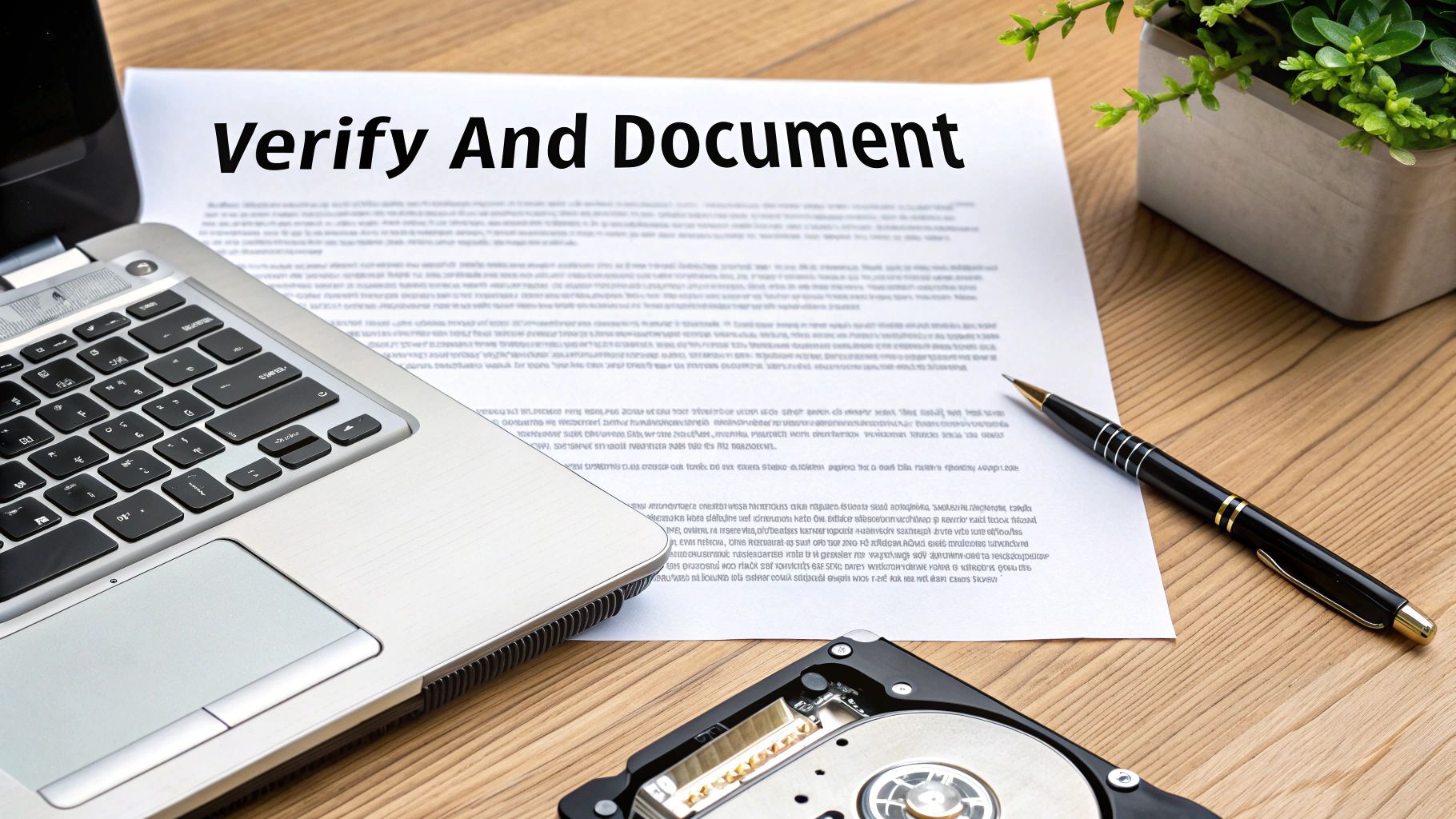 A laptop, document titled 'Verify And Document,' pen, and an exposed hard drive on a wooden desk.