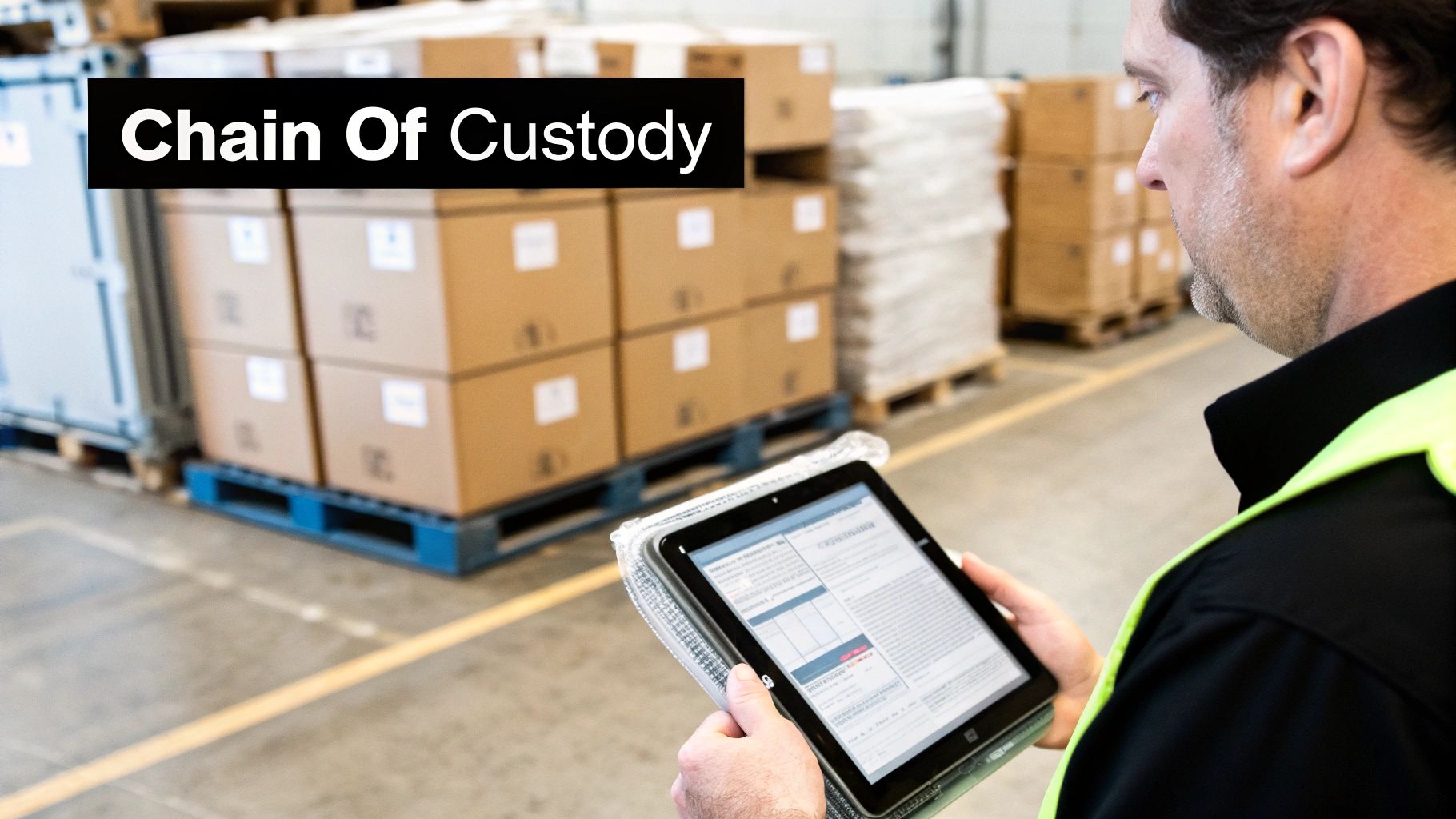Warehouse worker in a safety vest using a tablet for 'Chain Of Custody' tracking among stacked boxes.