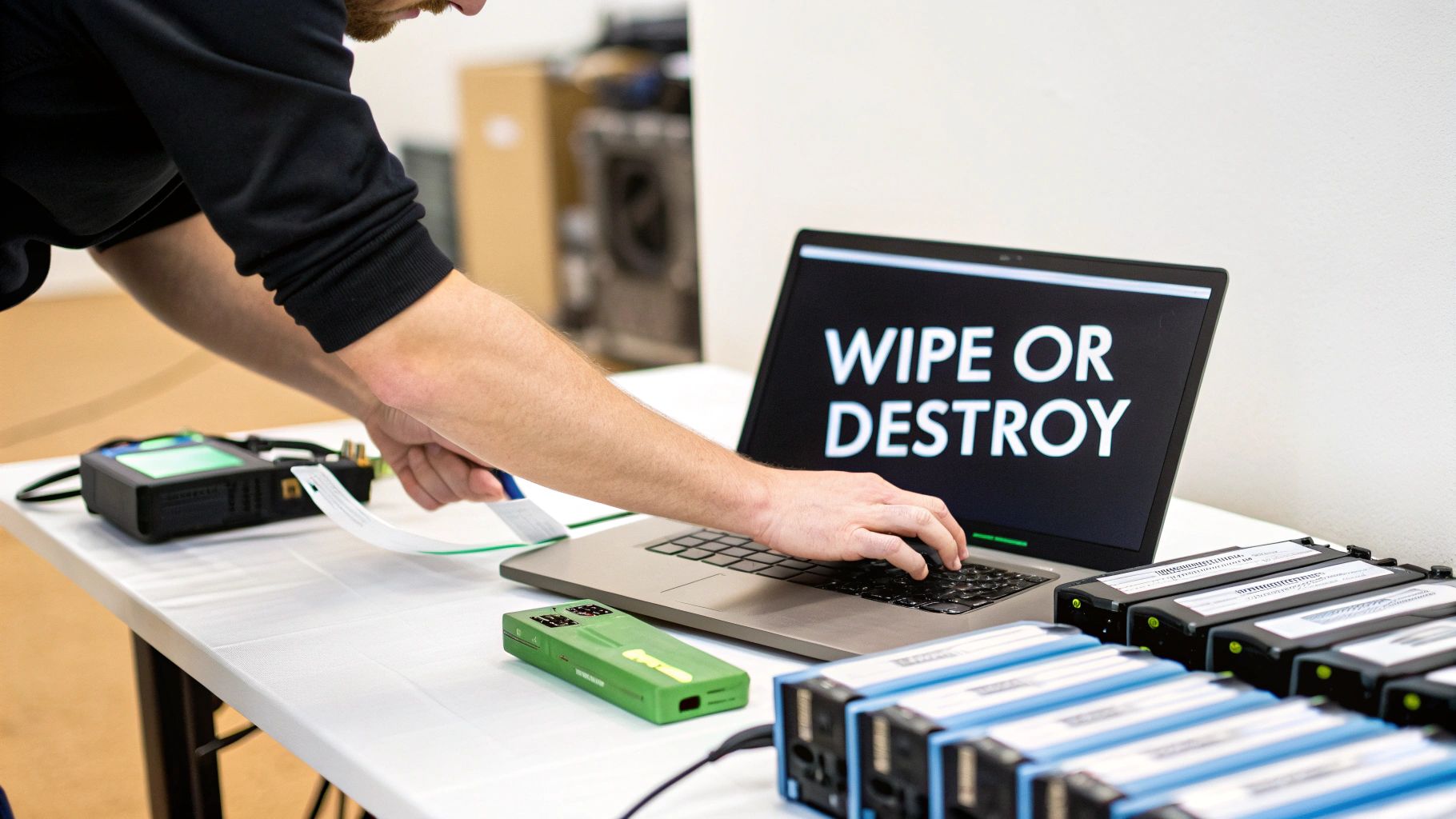 A person working on a laptop displaying "WIPE OR DESTROY" while handling electronic devices for data management.