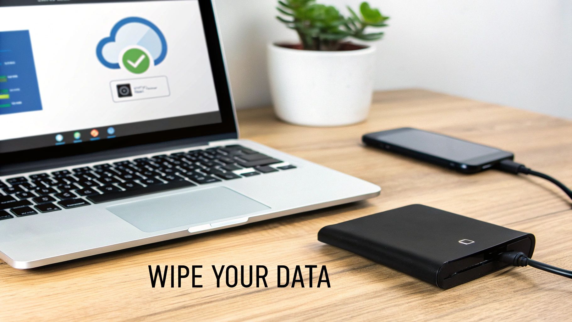 A laptop displaying cloud storage, a smartphone connected to an external hard drive, and 'WIPE YOUR DATA' text.