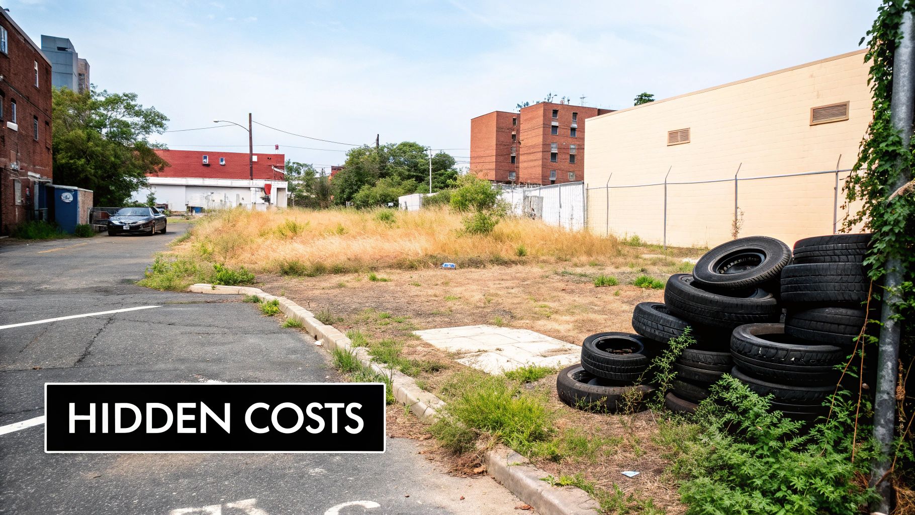A desolate urban scene with a large pile of discarded tires, an overgrown empty lot, and buildings.