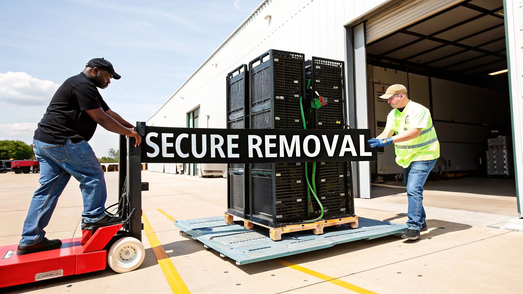 Technician removing a server from a rack in a data center.